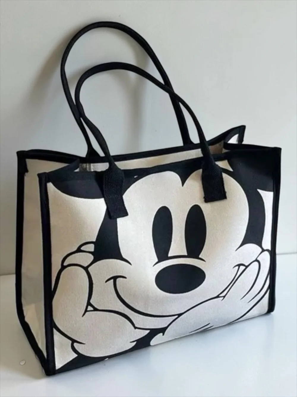 Mickey Mouse Canvas Tote Bag Large Graphic Shoulder Bag Black & White NWOT
